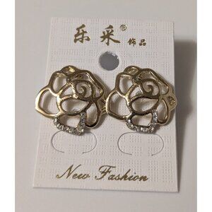 Rose Earrings Gold White Jewel Accent Classic Floral